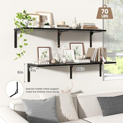 Fun Memories Floating Shelves for Wall, 12 Inch Deep Floating Shelves Set of 2, Wall Mounted Shelf with Metal Brackets, Rustic Wood Wide Shelf for Bathroom, Kitchen and Living Room, Black, 48W x 12D - color: Black- L Bracket, size: 48"W x 12"D