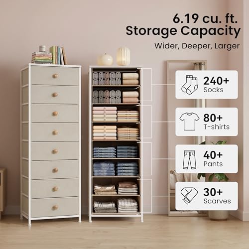 Crestlive Products Tall Dresser, 8-Drawer Fabirc Storage Tower, Chests of Drawers - Vertical Organizer Unit for Bedroom, Hallway, Entryway, Nursery, Closets - Steel Frame, Wood Top & Handles (Beige) - color: Beige, style: Narrow-8 Drawers