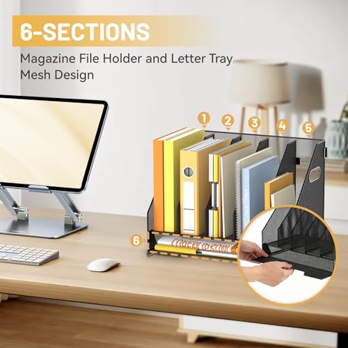 DALTACK Magazine File Holder, 5 Vertical Compartments Rack Binder Holder with Paper Tray, Metal Magazine Organizer for Office, Home, School (Black) - size: 5Rack