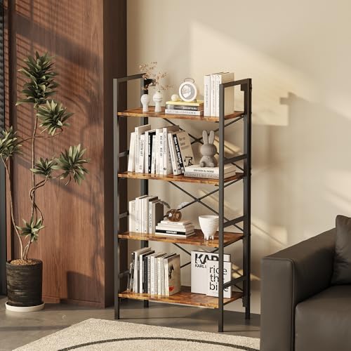 Homeiju Folding Bookshelf,4 Tier Bookcase Foldable Shelf with X-Bracket Design, Adjustable Feet, Space Saving Storage for Living Room, Office, Rustic Brown - color: Rustic Brown, size: 4 Tier