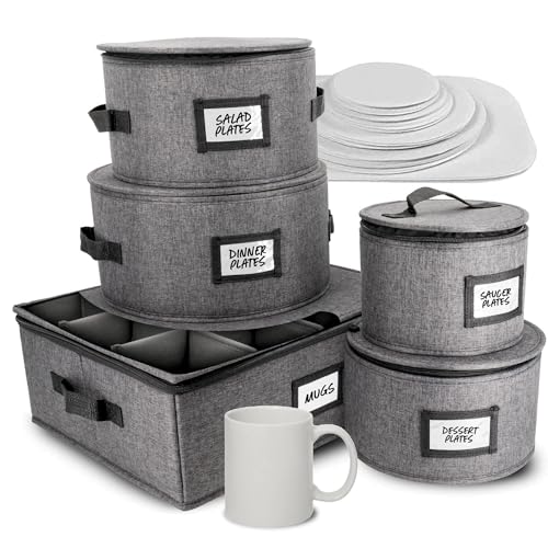 HOMELUX THEORY 5pcs Hard Shell China Storage Containers, Mug Storage Box & Plate Storage Containers, Heavy Duty Dinnerware and Coffee Cup Storage Box with Lid for Packing Dinner Plates and Glassware - color: Dark Gray, size: 3. Plates & Mug Set - 5 Piece
