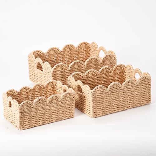 Scalloped Wicker Baskets, Set of 3 Hand-Woven Storage Baskets with Handles - Paper Rope Shelf Organizers & Decorative Baskets for Shelves, Closet, Bathroom (Beige） - color: Beige