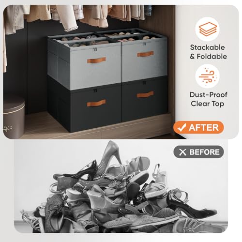 2 Pack Shoe Organizer for Closet,Foldable Shoe Storage Organizer with Adjustable Dividers, Shoe Storage Box with Clear Cover, Fits up to 16 Pairs,Black & Gray - color: Black & Gray, size: 2 Pack