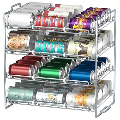 4 Tiers Stackable Can Rack Organizer, Wear-resistant Upgrade Beverage Food Can Dispenser Holder Holds up to 48 Cans for Kitchen Cabinet and Pantry (Silver) - color: Silver
