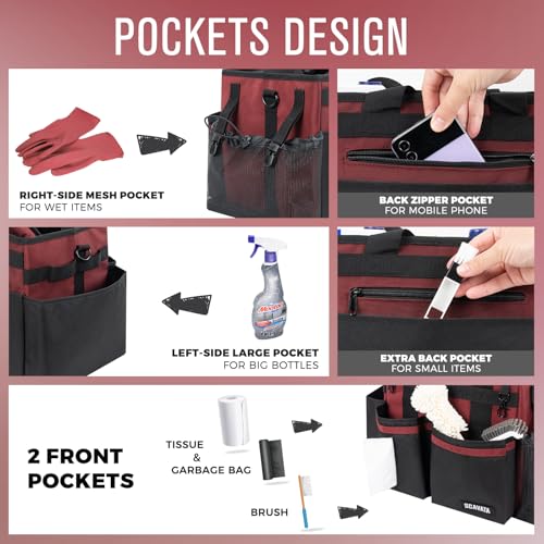 SCAVATA Compact Wearable Cleaning Caddy, Small Cleaning Caddy Supplies Organizer with Handle & Shoulder Straps for Housekeepers, Under Sink & Car Cleaning Tool Organizers Bag (AncoraRed) - color: AncoraRed