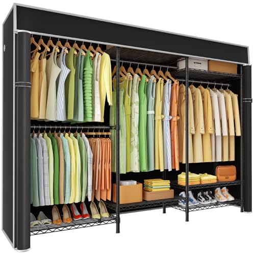 Ulif E13C Heavy Duty Closet Organizer System，Freestanding Clothing Racks for Hanging Clothes，Adjustable Garment Rack 63" W x 16" D x 77" H Hold 960 lbs，Black Clothing Rack with Black Dustproof Cover - color: Black Rack with Black Cover, size: E13C
