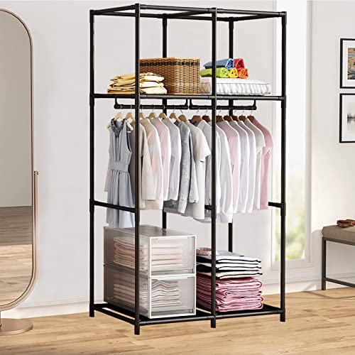 SORCEDAS Portable Wardrobe Closet Storage Organizer Metal Hanging Rack Non-Woven Fabric 34 Inch Coffee (34 Inch, Coffee) - color: Coffee, size: 34 Inch