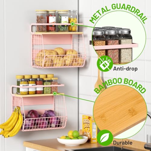 Magnetic Shelf for Fridge with Wood Lid, Fruit Potato and Onion Storage Bins, Pantry Organizers & Storage, Large Container Magnetic Spice Rack for Refrigerator, Kitchen Counter, Cabinet (Pink, 1) - color: Pink, size: 1-Regular