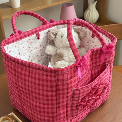 Floral Fabric Storage Basket Car Interior Storage Basket Underwear Sundries Laundry Baskets Supplies Home Organizer Bag (Rose red plaid) - color: Rose red plaid