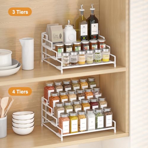 RUILALIFE 4-Tier-Spice-Rack-Organizer-for-Cabinet, Adjustable Depth Spice Holder Shelf For Countertop Pantry Cupboard, Metal Tiered Seasoning Organizer,Display Shelf Riser (White-2 Pack) - color: White-2 Pack