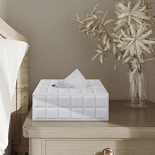 Tissue Box Cover Rectangle Tissue Box Holder PU Leather Facial Organizer with Magnetic Bottom,Decorative Napkin Caddy for Vanity Dresser Night Stand Table Countertop Home Office Car,White - color: Rectangular Tissue Box-white Grid