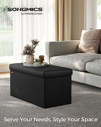 SONGMICS Mazie Collection - 30 Inches Folding Storage Ottoman Bench, Ottoman Foot Rest, End of Bed Bench, Storage Chest, Load 660 lb, for Living Room, Bedroom, Entryway, Ink Black ULSF047B01 - color: Ink Black, size: 15"D x 30"W x 15"H