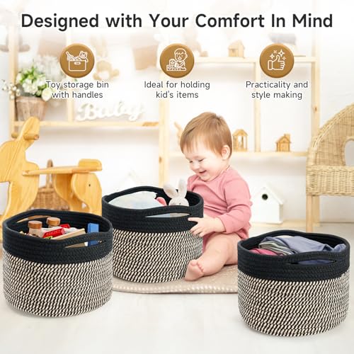 Small Rope Baskets for Storage, Baskets for Gifts Empty, Cute Round Woven Basket, Decorative Shelf Baskets 9.82×9.82×7.1", Cotton Toy Basket Storage Bins for Organizer 3 Packs-Brown+Black - color: Eight Black-3PCS