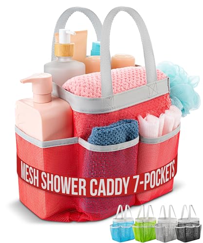 Handy Laundry Mesh Shower Caddy – 7 Pocket Portable Organizer Tote for Dorm, Gym, Travel & Bathroom – Quick Dry Collapsible Bag for College Essentials, Toiletries & Cleaning Supplies (Pink) - color: Portable Pink