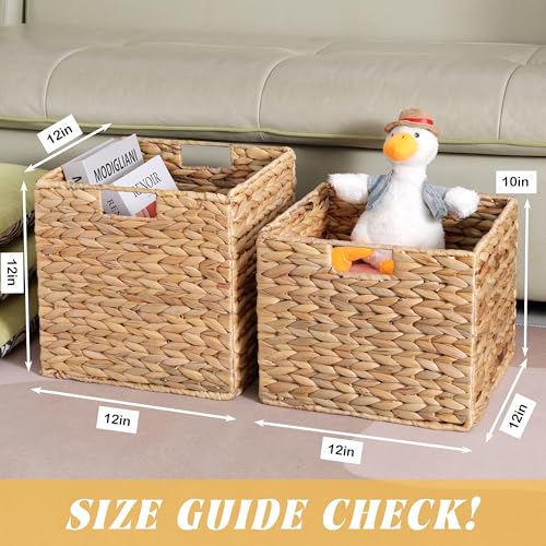 12x12x10in Water Hyacinth Storage Basket Large, Folding Cube Woven Wicker Storage Basket for Shelves, Pantry Baskets Organization and Storage, Kitchen Storage Baskets, Large Rattan Basket Set of 3 - color: Water Hyacinth