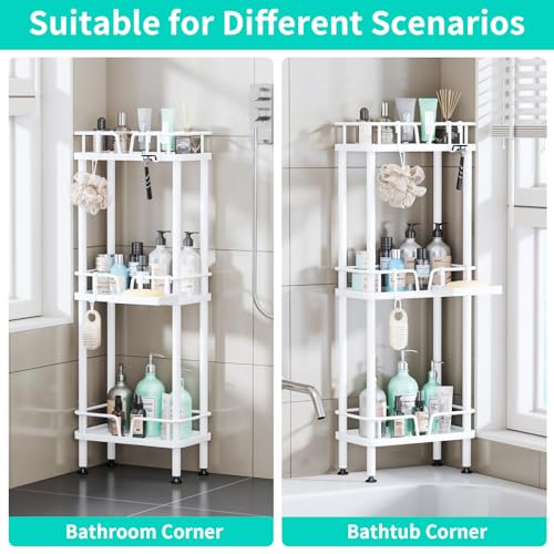 HapiRm Standing Corner Shower Caddy - 3 Tier Corner Shower Organizer with Soap Holder, Rustproof Stainless Steel Bathroom Shelf with 4 Hooks, White - color: White