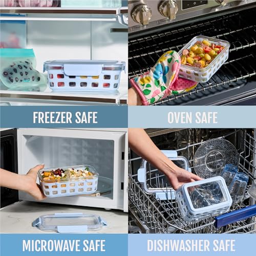 Ello Duraglass 3.4 Cup Meal Prep Sets 10Pc, 5 Pack Set- Glass Food Storage Container with Silicone Sleeve and Airtight BPA-Free Plastic Lids, Dishwasher, Microwave, and Freezer Safe, Halogen Blue - color: Halogen Blue with Sleeve, size: 3.4 Cup