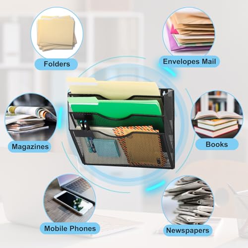 EASEPRES Magnetic 3 Pocket Mesh Hanging Wall File Organizer, Wall Mounted Mail Paper Document Folder Holder, Clipboard Storage Magazine Rack with Nametag Label for Office Home School, Black - color: Black, size: 3 Tier Magnetic