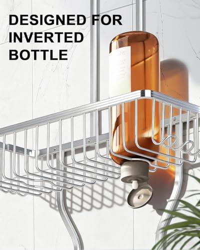 Shower Caddy Hanging - Never Rust Shower Hanging Organizer - Aluminum Over the ShowerHead Caddy with Soap Basket and 6 Hooks for Razor/Sponge (Frosted Silver) - color: Shiny Silver