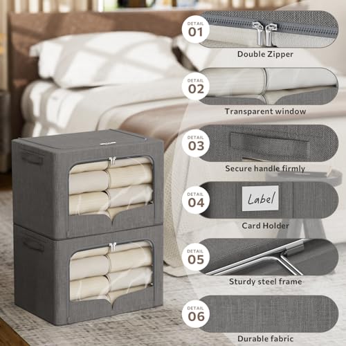 FHSQX 3 Pack Clothes Storage Bins - Foldable Metal Frame Storage Box - Stackable Linen Fabric Container Organizer Set with Carrying Handles and Clear Window (Dark Gray, 19.7x15.7x13inch(66L)) - color: Dark Gray, size: 19.7x15.7x13inch(66L)