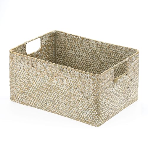 Hipiwe Seagrass Storage Basket Bin Rectangular Handwoven Wicker Storage Box with Handle Opened Baskets for Shelf Organizing Closet Bathroom, 13.3 x 9.8 x 6.7 Inch - color: Whitewash, size: Medium,13.4"x9.4"x 6.7"