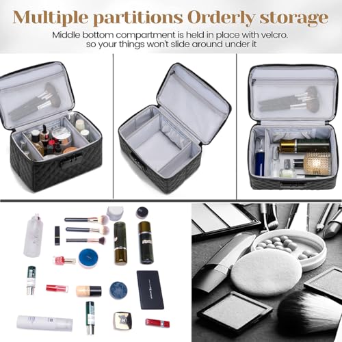 KaAutoler Portable makeup box with Lock, Large Capacity Travel Makeup Case Organizer, Makeup Bags for Girls Traveling With Handle and Divider Makeup Bag (Black) - color: Black