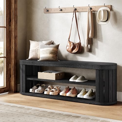 Tribesigns 47.2" Wooden Entryway Bench with 2-Tier Shoe Storage, Farmhouse Dining Bench with Adjustable Foot Pads, End of Bed Stool for Bedroom, Hallway, Living Room, Dining Room, Black - color: Black