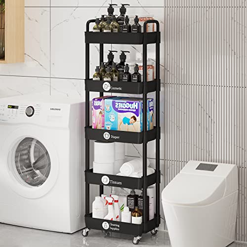 Laiensia Multifunction Utility Rolling Cart, 5-Tier Plastic & Metal Storage Organizer, Black, Lockable Wheels, Modern Style, Indoor Use - color: Black, size: 5-Tier