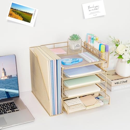 Desk Organizer, 5-Tier Paper Letter Tray Organizer with File Holder, Drawer and Pen Holder, Desktop Organizer for Office Supplies, Gold - color: Gold