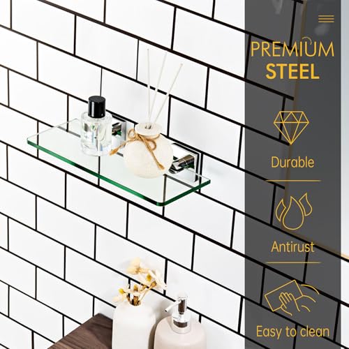 KOKOSIRI Bathroom Shelves Wall Mount 12-Inch Floating Tempered Glass Shelf for Shower Storage Home Decor, 2 Pack Polished Stainless Steel B1107CH-L12-P2 - color: Polished Chrome, size: 12-Inch(2 Pack)
