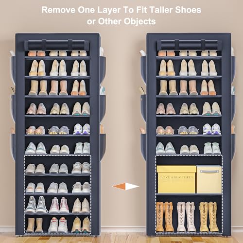 OYREL Shoes Rack 10 Tier Tall Shoe Rack with Storage Pockets, Fabric Covered Shoe Racks,Metal Shoes Rack Organizer for Closets,Bedroom, Garage - color: Grey