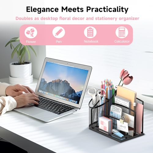 SUPEASY Desk Organizer with 3 Compartment Pen Holder, 3-Slot Mail Organizer and Flower Tube, Metal Mesh Bill Organizer for Pencil, Envelope, Letter and Office Supplies, Black - color: Black with Pen Holder