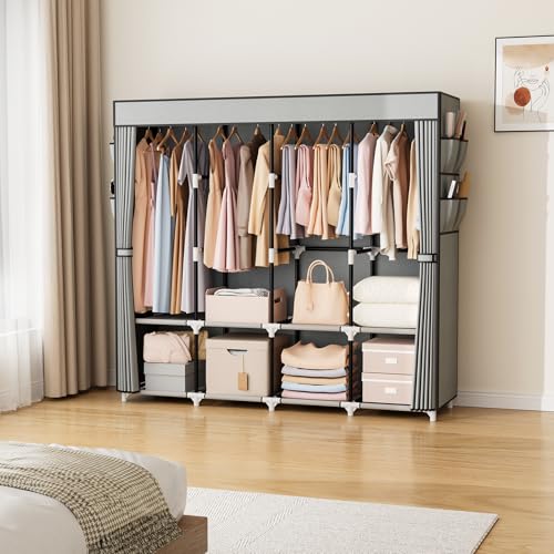 VTRIN Portable Closet for Hanging Clothes 67 Inch Wide Large Capacity Portable Wardrobe Closet with Cover, 4 Storage Shelves and 4 Hanging Rod Sturdy Free Standing Closet for Bedroom, Grey - color: Grey, size: 4 Row - 67'' Wide