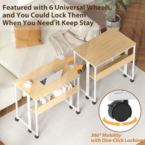 GarveeHome Folding Desk Small Rolling Desk with Storage Shelf,31.5 Inch Foldable Computer Table with Wheels,Portable Office Desk for Small Space Sofa Table,Easy to Fold - color: 31.5" Oak