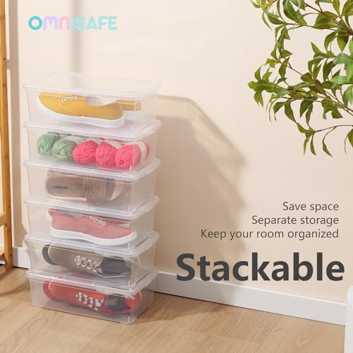 6 Quart Stackable Plastic Storage Shoebox, BPA-Free Nestable Container with Latching Lid to Organize Shoes, See-Through Box for Home and Office, Multi-Purpose Clear Bins (Transparent, 8 Pack)