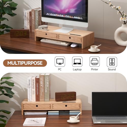 KIRIGEN Wood Monitor Stand with 2 Drawers, Solid Wood Computer Monitor Riser for Desk, Desktop Organizer Shelf with Cable Management, Pen Slots, Natural, No Assembly PMJ-NA - color: Natural