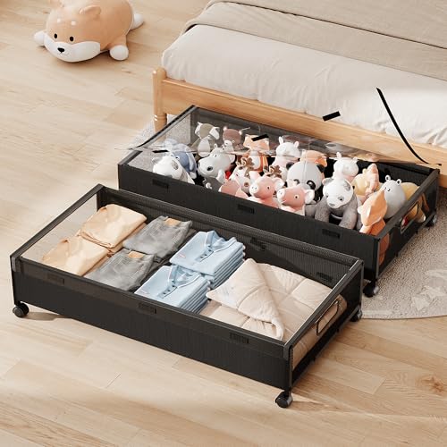 KITHELP Underbed Storage Containers with Wheels, Large Under Bed Drawers on Wheels with Removable Lids, Rolling Shoe Organizer Under Bed Storage Dresser Metal Drawers for Clothes Toys Blankets (2PACK) - color: Black-2pack-New