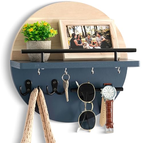 dreampossible Key Holder for Wall Decorative with Shelf and Hooks, Mail Organizer Wall Mount with Sunglasses Holder, Circular Design Entryway Key Rack Hanger, Rustic Home Decor - color: Light brown&Navy blue