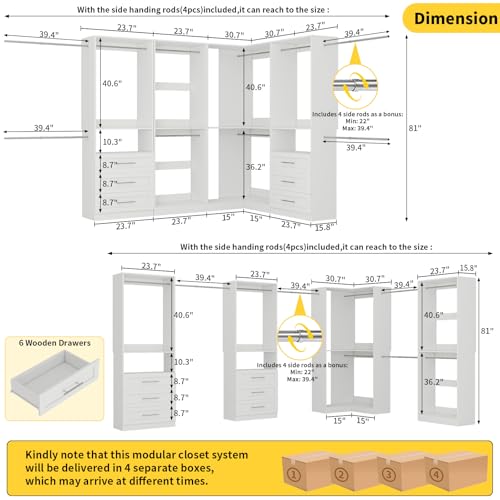 Closet System with 6 Drawers, Corner Closet Organizer System with 10 Hanging Rods Heavy Duty Walk in Wooden Modular Closet Storage System L-Shaped U -Shaped Freestanding 4 Sets 2500+ Lbs White - color: Cl07090912