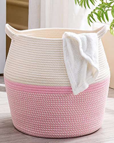 KAKAMAY Woven Baskets for Storage(17"x17"),Large Cotton Rope Woven Baby Laundry Hamper,Collapsible Laundry Basket, Blanket Basket for Organizing Living Room,Nursery,Pillows,Toy Chest(Pink) - color: Pink