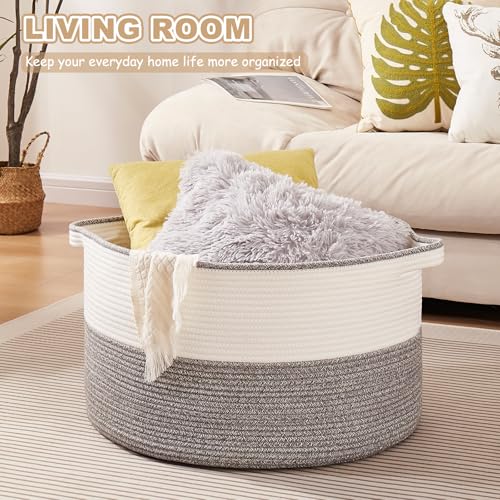 OIASKET Large Blanket Basket with Handles, 22.8" x 22.8" x 13" Woven Storage Basket for Living Room, Cotton Rope Baby Toy Storage for Clothes, Pillows, Towels-Grey and White - color: Grey & White, size: 90L
