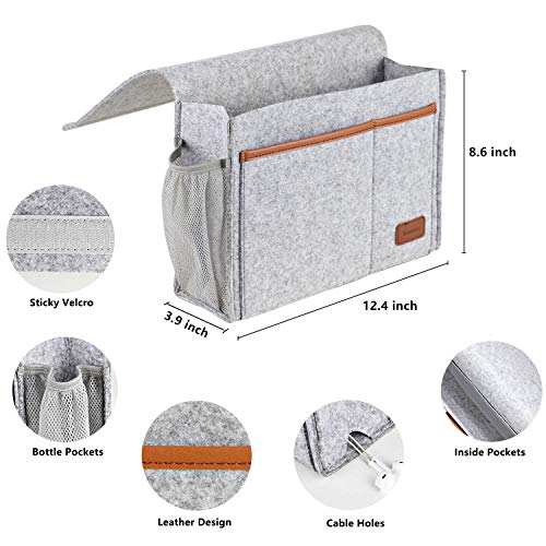 Bedside Caddy, Felt Bed Storage Organizer Hanging Bag Holder with 5 Pockets, Magazine Book Phone Tablet iPad Cables Remote and Water Bottle Holder for Home Dorm Bed Sofa, Light Gray - color: Light Gray
