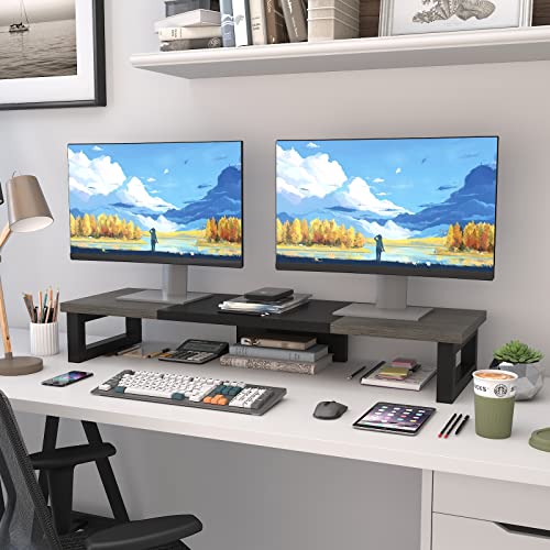 WESTREE Dual Monitor Stand Riser, Wood and Steel Monitor Stand Riser, Computer Monitor Stand for 2 Monitors, Multi-Purpose Desktop Storage Stand for Computer,Laptop,Printer,TV - color: Grey Black