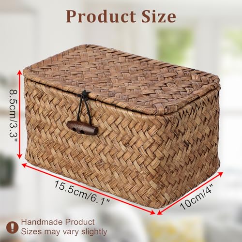 Handwoven Wicker Storage Basket Small Seagrass Box with Lid Multipurpose Table Organizer for Dental Floss Paper Clip Holder, 6.1" x 4" x 3.3" - size: 6.1"L x 4"W x 3.3"H
