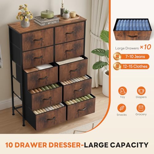 Sweetcrispy 10 Drawer Dresser, Tall Fabric Dresser for Bedroom, Storage Tower with Bins Chest Organizer Unit for Closet, Hallway, Steel Frame Wood Top, Easy Pull Handle, Rustic Brown - color: Brown