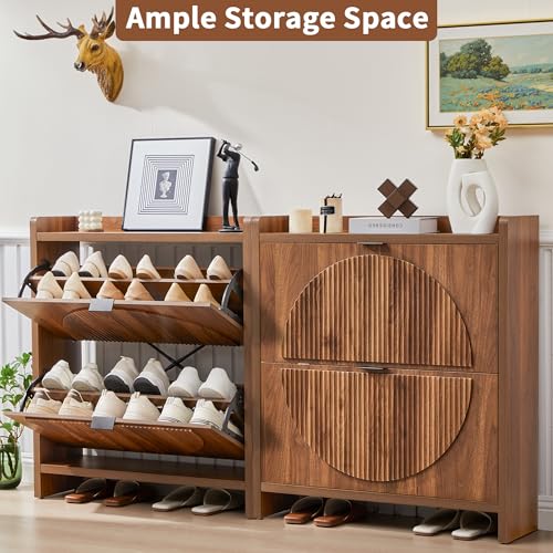 Narrow Shoe Cabinet Storage for Entryway, Wood Slim Shoe Rack Cabinet with 2 Flip Drawers, Freestanding Hidden Shoe Storage Organizer, Space-Saving, Fluted Pattern for Hallway,Living Room (Walnut) - color: Walnut-2 Flip Drawers