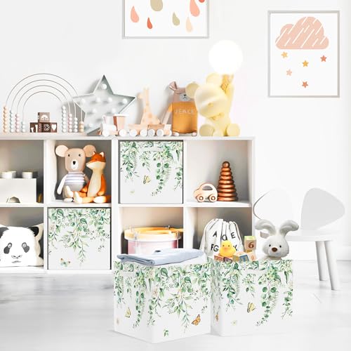 Clastyle 3 pcs Leaf Women Cube Storage Unit Bin with Metal Frame Foldable Kallax Box for Shelves Ladies Girls Closet Organizer Basket for Book Clothes Toy Organizer, Eucalyptus, 11.8x11.8x11.8 in - color: Eucalyptus