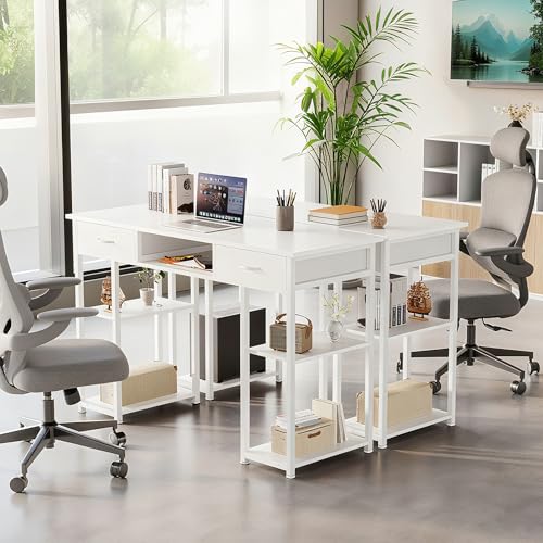 DUMOS 48" Small Computer Home Office Desk for Bedroom with Drawers, Gaming Writing Study Table with Storage Shelf, Adjustable Feet, Metal Frame Natural White - color: Natural White, size: 48-In