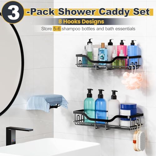 OMAIRA 3-Pack Shower Caddy with Soap Holder, Adhesive Rustproof No-drill Strudy Loading Inside Shower Organizer Shelves Rack Storage Bathroom Organization for Smooth Wall Glass Tile, Black (Large) - color: Black - Large
