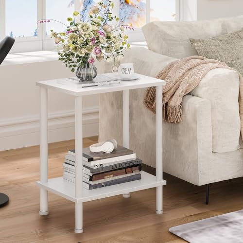 YUFAM End Table,Small Side Table,2-Tier Nightstand with Storage Shelf,Sofa Bedside Table for Small Spaces in Living Room,Bedroom, Office,Stable Frame,Easy Assembly,White - color: White, style: 2pcs No Plug